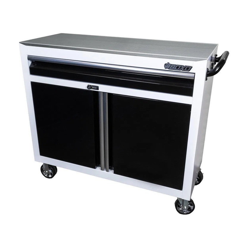 Tech Series | 45" Rolling Display Cabinet with Stainless Steel Countertop | White