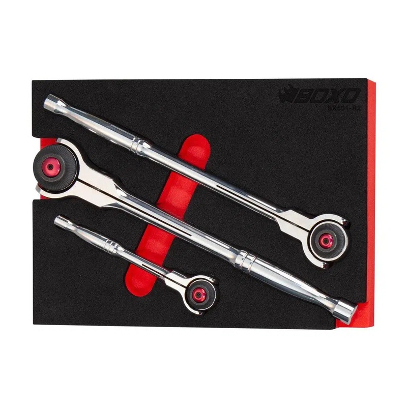 3-Piece 72T 1/4", 3/8" & 1/2" Drive Swivel Head Ratchet Set | 2/9th EVA Foam