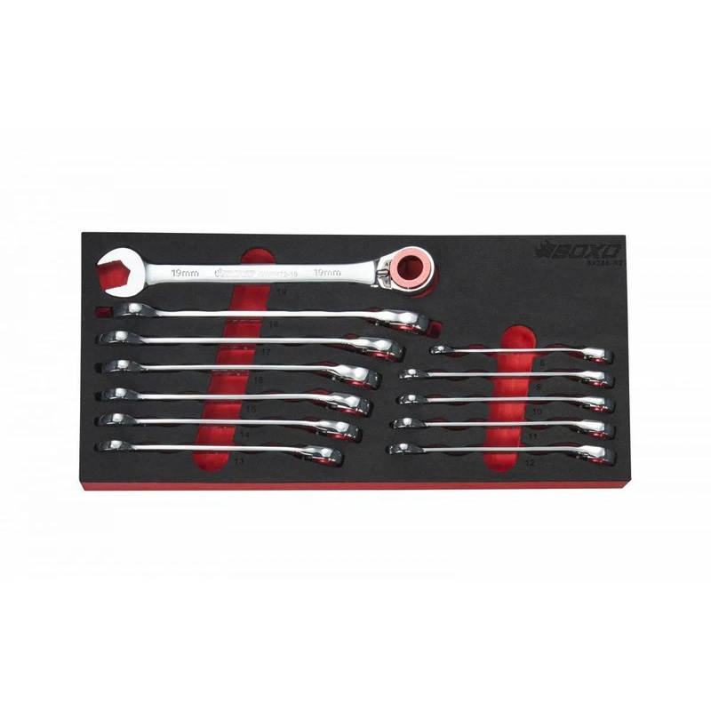12-Piece 100T Metric Ratcheting Combination Wrench Set with Magnetic Stop / Retainer Ring & Grip Drive Open End | 1/3rd EVA Foam