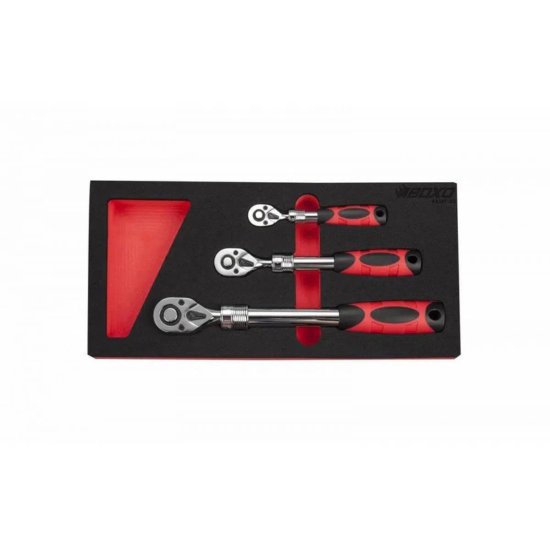 3-Piece 72T 1/4", 3/8" & 1/2" Driver Extendable Handle Ratchet Set | 1/3rd EVA Foam