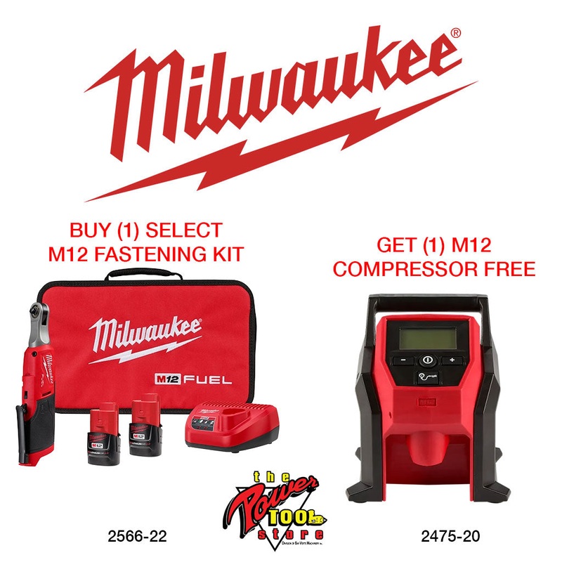 Milwaukee M12 FUEL 1/4" High Speed Ratchet Kit + M12 Compact Inflator 2566-22-2475-20