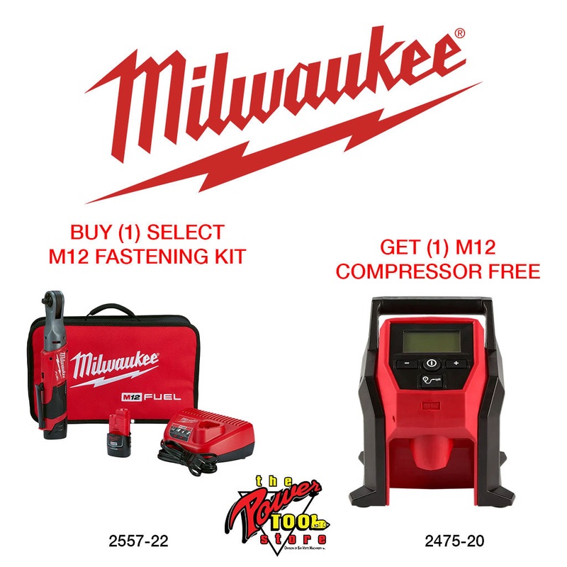 Milwaukee M12 FUEL 3/8" Ratchet 2 Battery Kit+ M12 Compact Inflator 2557-22-2475-20