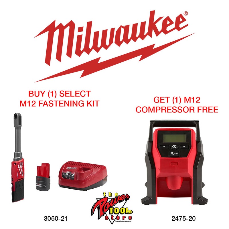 Milwaukee M12 FUEL INSIDER Extended Reach Box Ratchet + M12 Compact Inflator 3050-21-2475-20