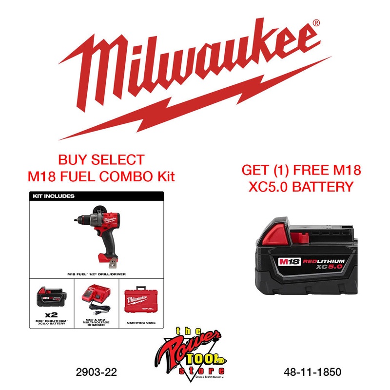 MILWAUKEE M18 FUEL 1/2" Drill/Driver Kit + M18 REDLITHIUM XC5.0 Extended Capacity Battery Pack 2903-22-48-11-1850
