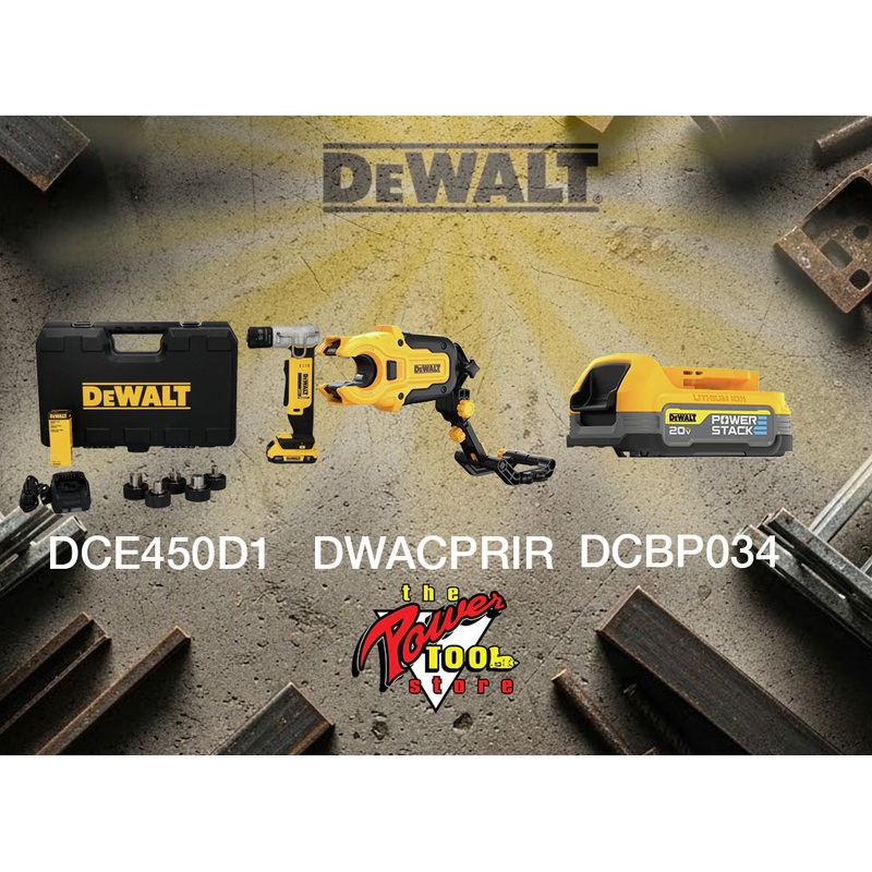 DEWALT 20V MAX* Copper Swage Tool Kit DCE450D1 and DEWALT IMPACT CONNECT Copper Pipe Cutter Attachment  DWACPRIR and DEWALT 20V MAX* POWERSTACK Oil-Resistant Compact Battery DCBP034